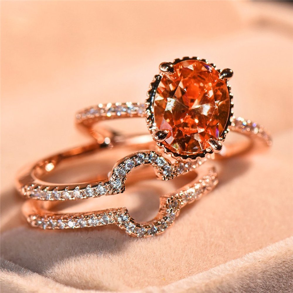 🎁 3 pcs/set Rose Gold Oval Bridal Wedding/Engagement Ring Set, VIP241 - Picture 1 of 9